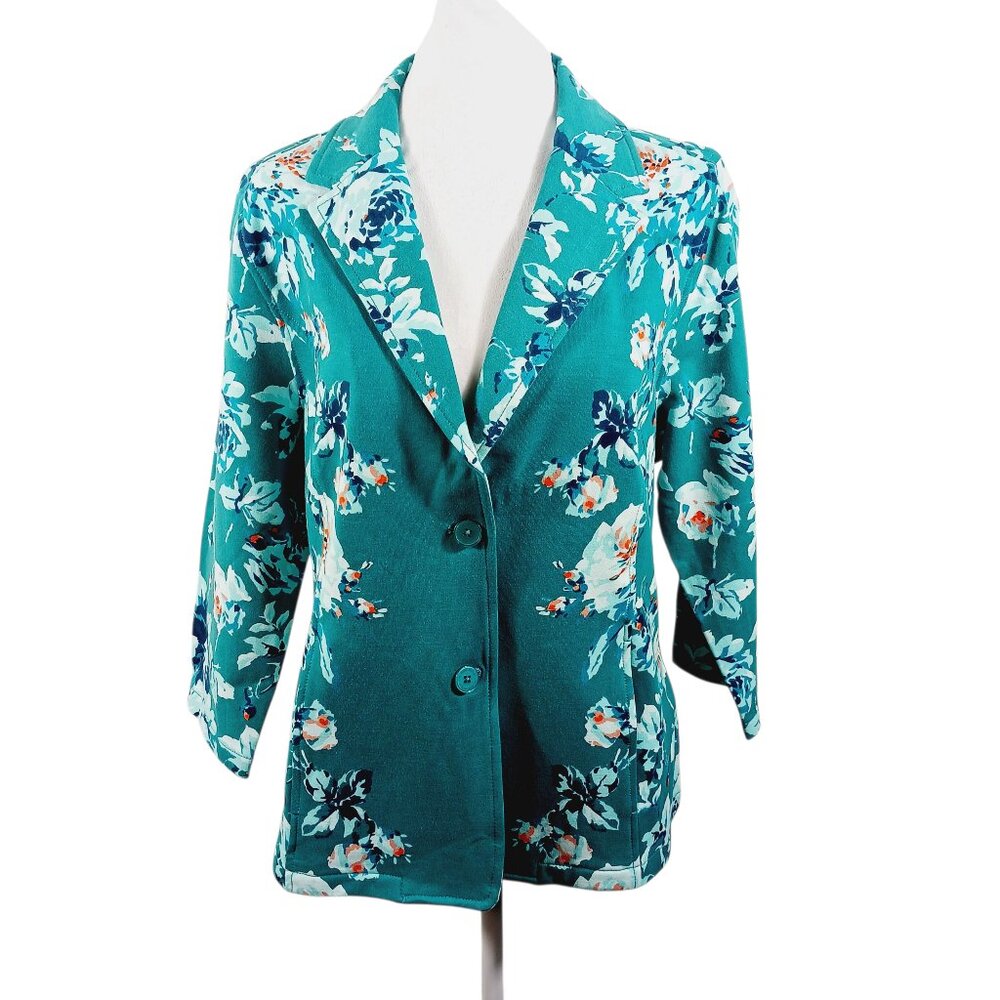 NWOT Isaac Mizrahi Live Floral Cotton Stretch Blazer Teal Cropped Sleeve, SZ LRG